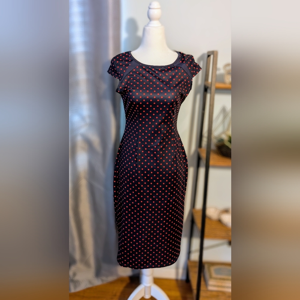 Navy Blue Polka Dot Sheath Dress — Size Medium (New Without Tags)